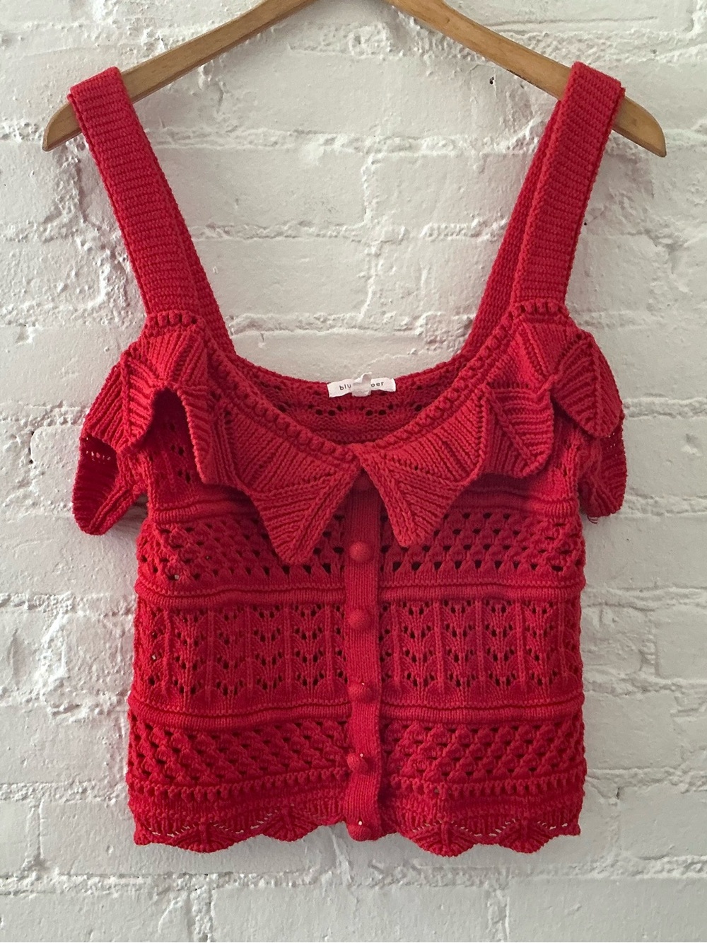 Blu Pepper Red Crochet Knit Cropped Top Cold Shoulder Ruffle Accent Boho Size M - Picture 2 of 12